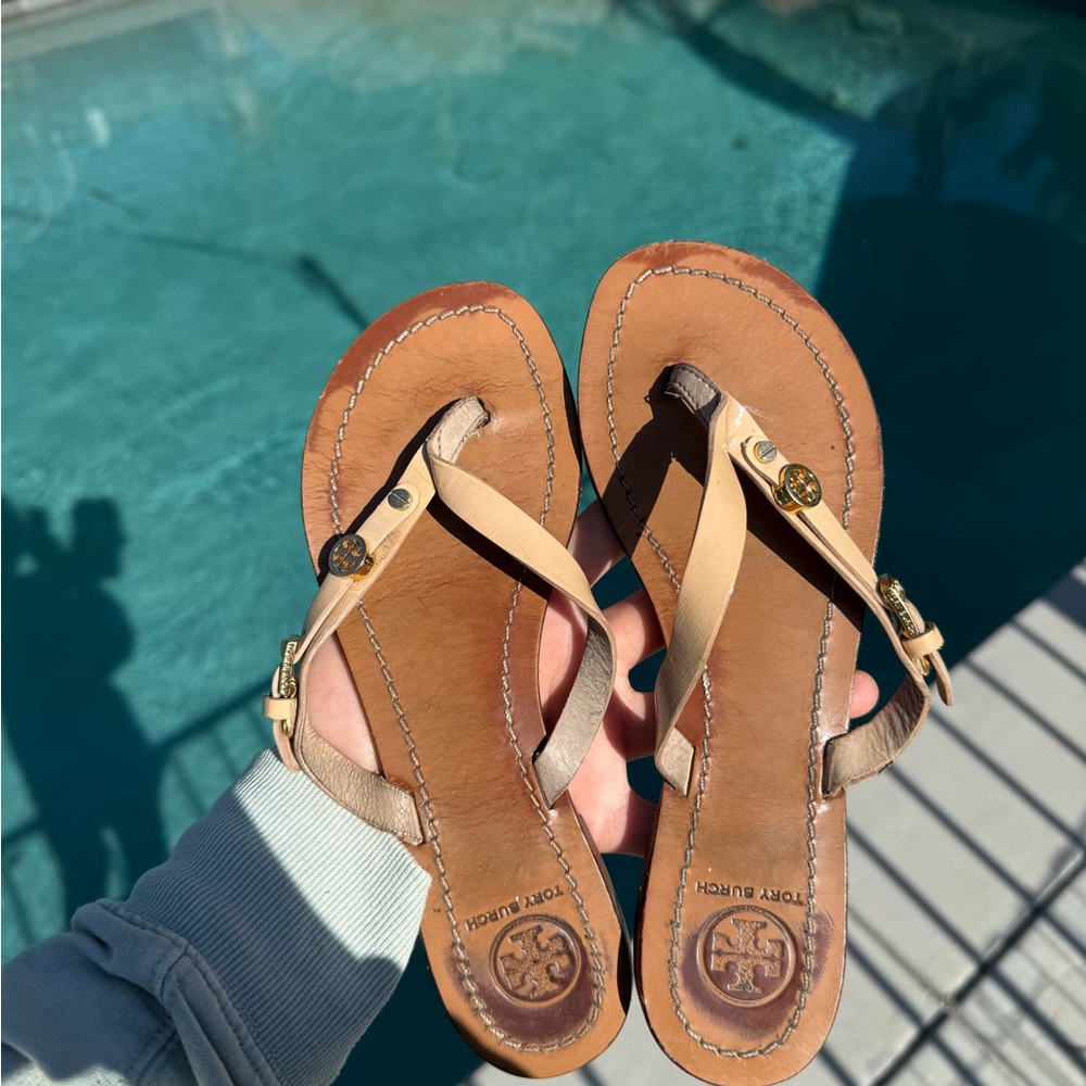 Tory Burch Tan and Brown Sandals with Medallion Detail